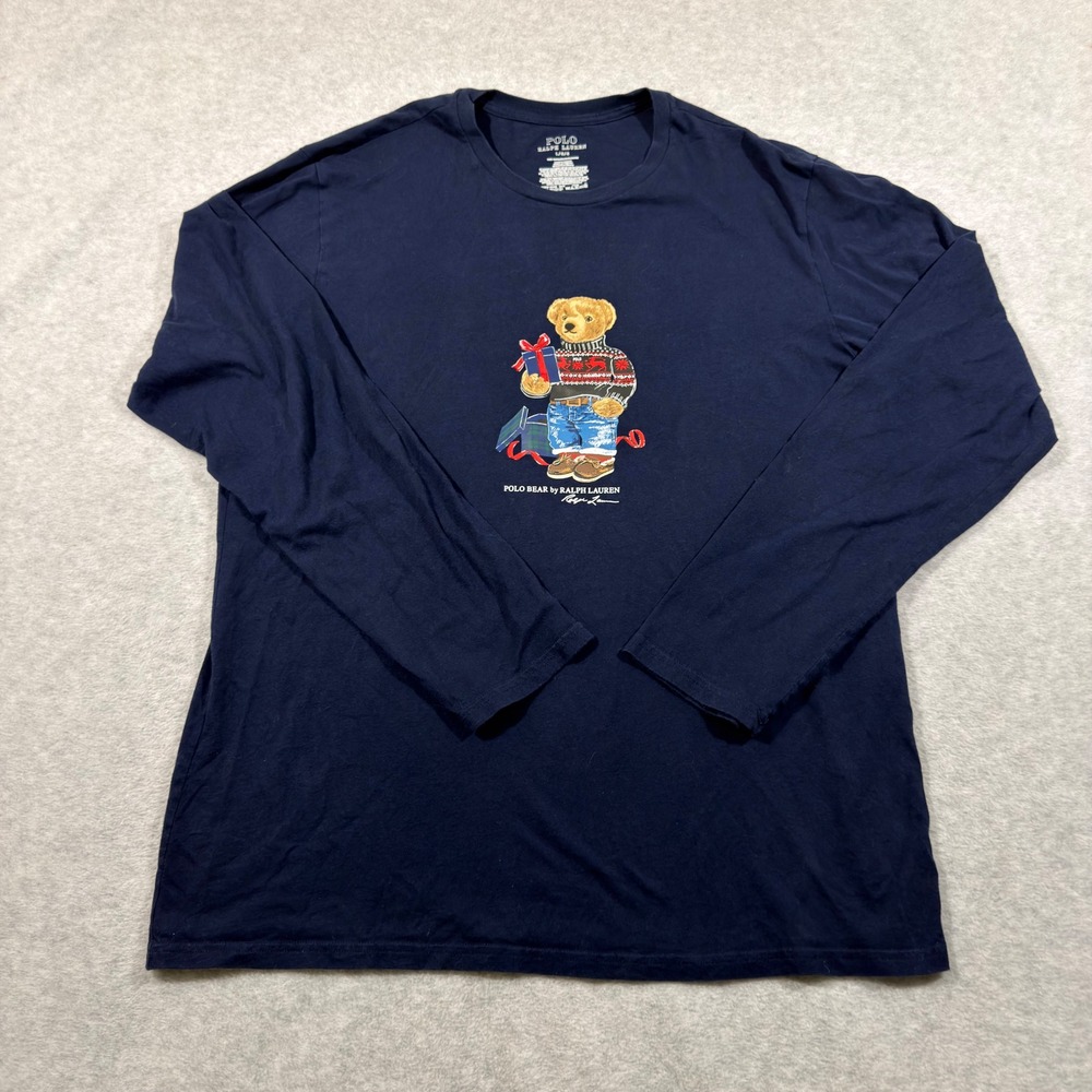Polo Ralph Lauren T-Shirt Men Large Navy Polo Bear Holiday Long Sleeve